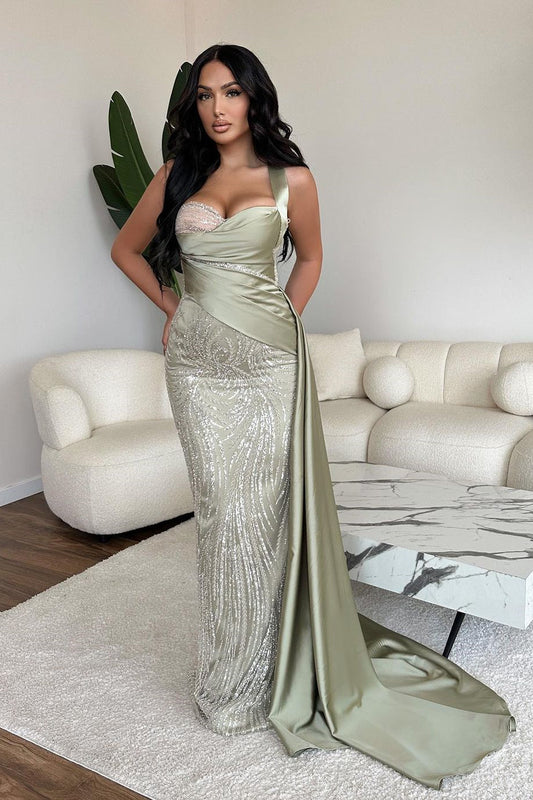 Increíble vestido de fiesta sin mangas con tirantes largos de sirena, encaje, lentejuelas y cuentas