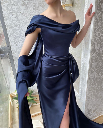 Amazing Long Navy Off-the-shoulder Mermaid Prom Dress With Slit