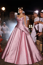 Erstaunliches langes rosa A-Linien-Ballkleid mit V-Ausschnitt und ärmellosem Glitzer