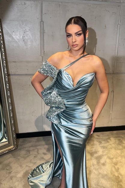 Erstaunliches langes rotes One-Shoulder-Meerjungfrauen-Ballkleid mit Pailletten und Schlitz