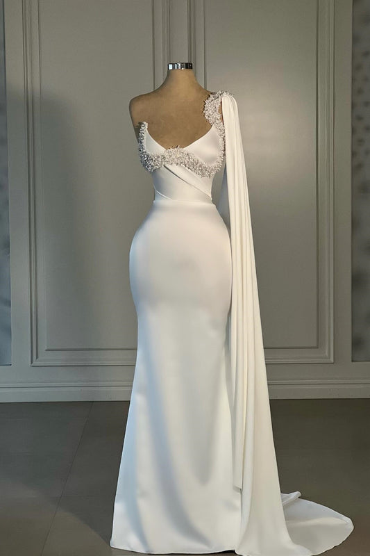 Increíble vestido de novia blanco sin mangas de satén estilo sirena con un solo hombro y diamantes de imitación