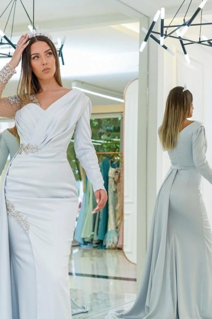 Impresionantes vestidos de noche de sirena con encaje largo plateado y cuentas, con mangas largas