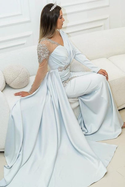 Impresionantes vestidos de noche de sirena con encaje largo plateado y cuentas, con mangas largas