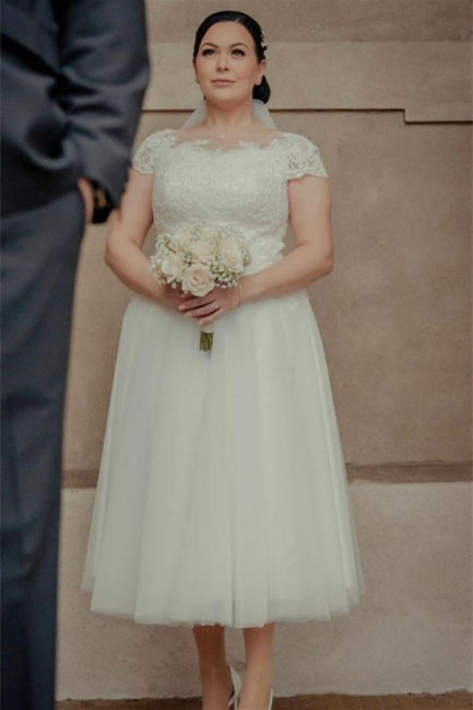 Knöchellanges weißes Tüll-Brautkleid mit Flügelärmeln