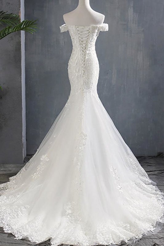 Applikationen Off Shoulder Lace-up Meerjungfrau Elegante Brautkleider 