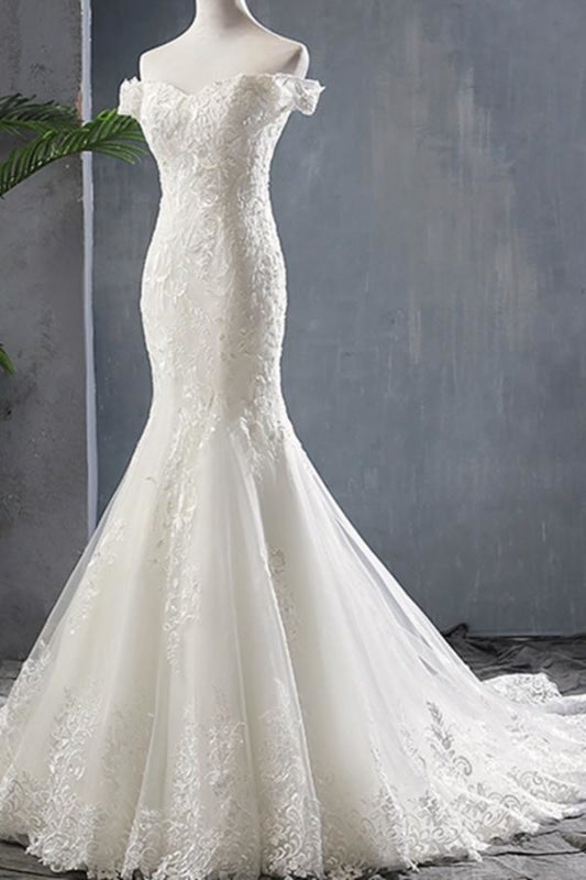 Applikationen Off Shoulder Lace-up Meerjungfrau Elegante Brautkleider 