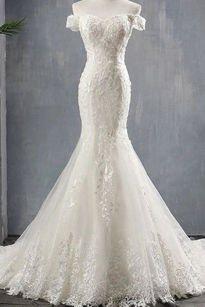 Applikationen Off Shoulder Lace-up Meerjungfrau Elegante Brautkleider 