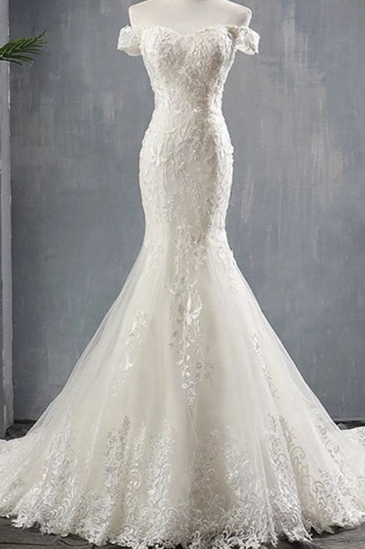 Applikationen Off Shoulder Lace-up Meerjungfrau Elegante Brautkleider 