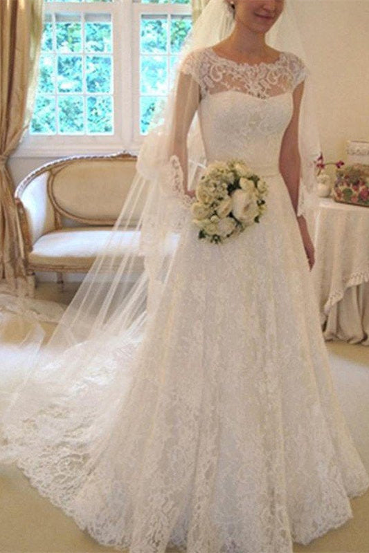 Brautkleid mit kurzen Ärmeln und quadratischem Spitzenband