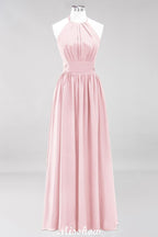 Vestido de dama de honor largo hasta el suelo, sin mangas, con apliques, cuello halter y volantes, corte A, de gasa, para noche