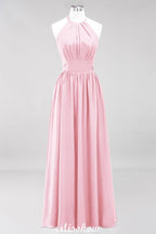 Vestido de dama de honor largo hasta el suelo, sin mangas, con apliques, cuello halter y volantes, corte A, de gasa, para noche