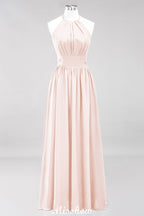 Vestido de dama de honor largo hasta el suelo, sin mangas, con apliques, cuello halter y volantes, corte A, de gasa, para noche