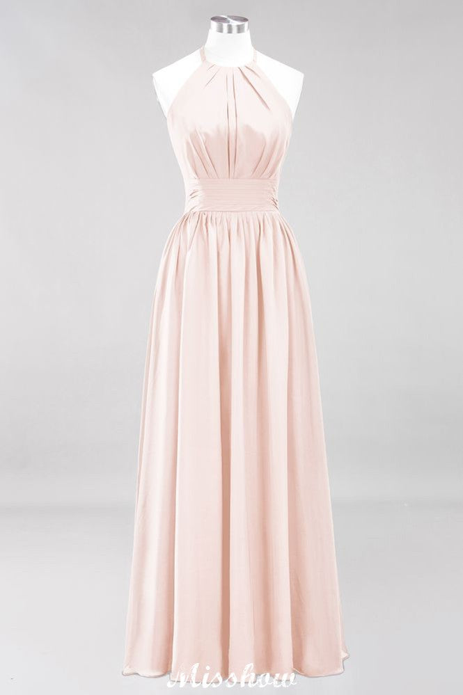 Vestido de dama de honor largo hasta el suelo, sin mangas, con apliques, cuello halter y volantes, corte A, de gasa, para noche
