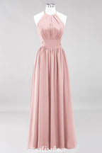Vestido de dama de honor largo hasta el suelo, sin mangas, con apliques, cuello halter y volantes, corte A, de gasa, para noche