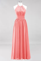 Vestido de dama de honor largo hasta el suelo, sin mangas, con apliques, cuello halter y volantes, corte A, de gasa, para noche