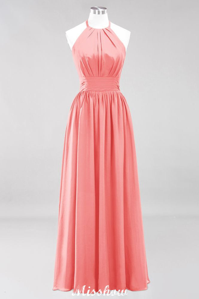 Vestido de dama de honor largo hasta el suelo, sin mangas, con apliques, cuello halter y volantes, corte A, de gasa, para noche