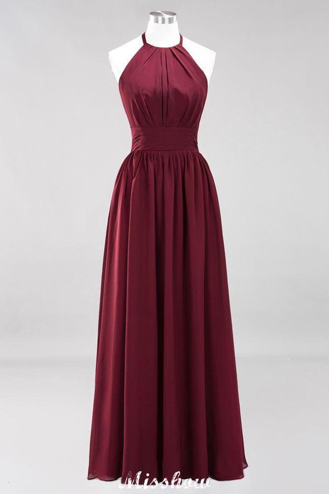 Vestido de dama de honor largo hasta el suelo, sin mangas, con apliques, cuello halter y volantes, corte A, de gasa, para noche