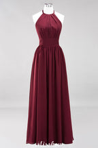 Vestido de dama de honor largo hasta el suelo, sin mangas, con apliques, cuello halter y volantes, corte A, de gasa, para noche