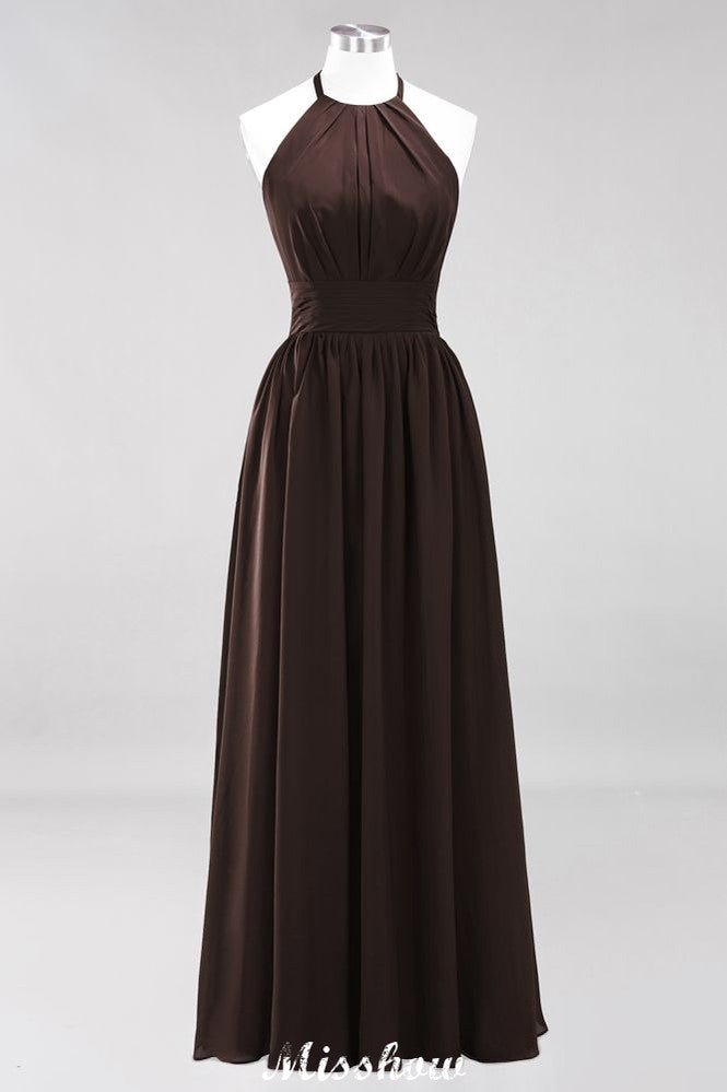 Vestido de dama de honor largo hasta el suelo, sin mangas, con apliques, cuello halter y volantes, corte A, de gasa, para noche