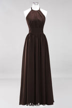 Vestido de dama de honor largo hasta el suelo, sin mangas, con apliques, cuello halter y volantes, corte A, de gasa, para noche
