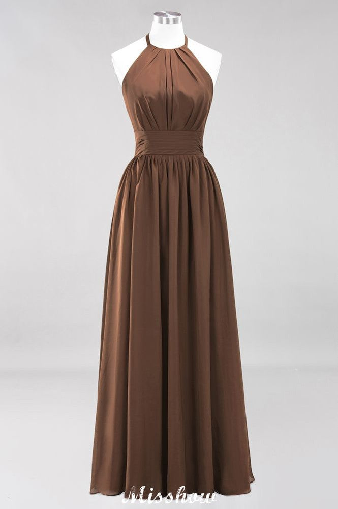 Vestido de dama de honor largo hasta el suelo, sin mangas, con apliques, cuello halter y volantes, corte A, de gasa, para noche