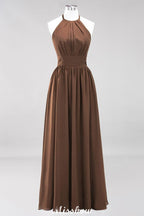 Vestido de dama de honor largo hasta el suelo, sin mangas, con apliques, cuello halter y volantes, corte A, de gasa, para noche