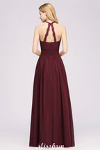Vestido de dama de honor largo hasta el suelo, sin mangas, con apliques, cuello halter y volantes, corte A, de gasa, para noche