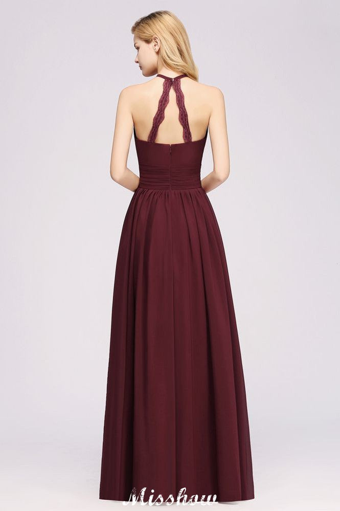 Vestido de dama de honor largo hasta el suelo, sin mangas, con apliques, cuello halter y volantes, corte A, de gasa, para noche