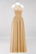 Vestido de dama de honor largo hasta el suelo, sin mangas, con apliques, cuello halter y volantes, corte A, de gasa, para noche