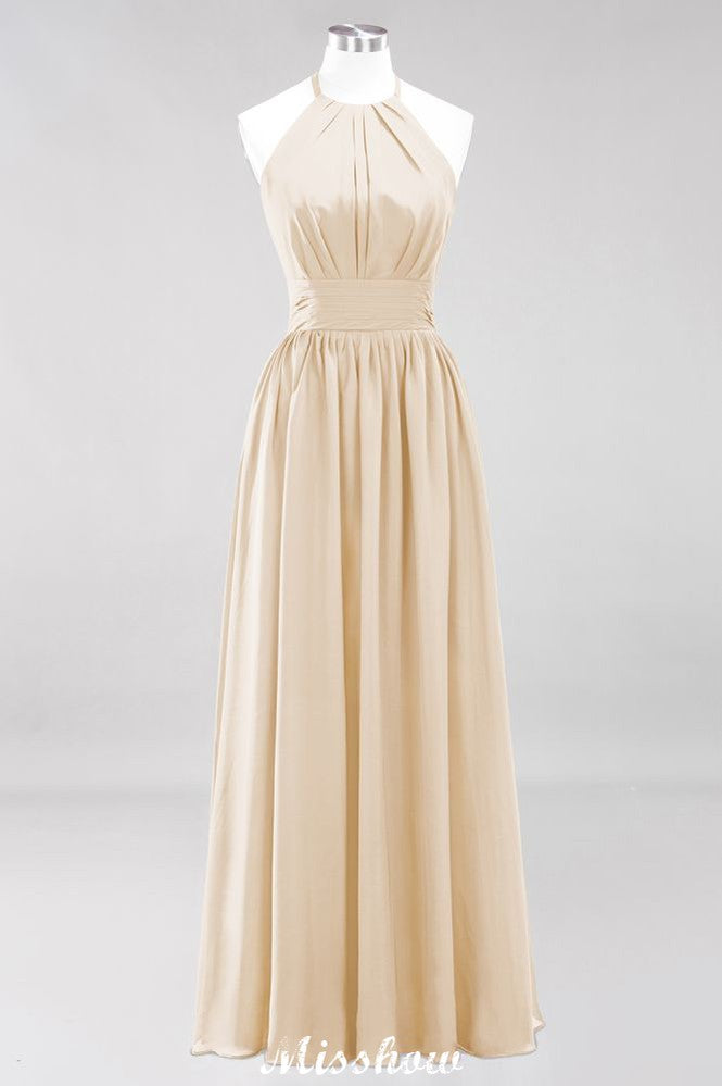 Vestido de dama de honor largo hasta el suelo, sin mangas, con apliques, cuello halter y volantes, corte A, de gasa, para noche