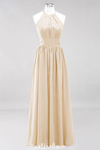 Vestido de dama de honor largo hasta el suelo, sin mangas, con apliques, cuello halter y volantes, corte A, de gasa, para noche