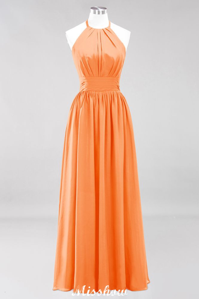 Vestido de dama de honor largo hasta el suelo, sin mangas, con apliques, cuello halter y volantes, corte A, de gasa, para noche