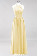 Vestido de dama de honor largo hasta el suelo, sin mangas, con apliques, cuello halter y volantes, corte A, de gasa, para noche