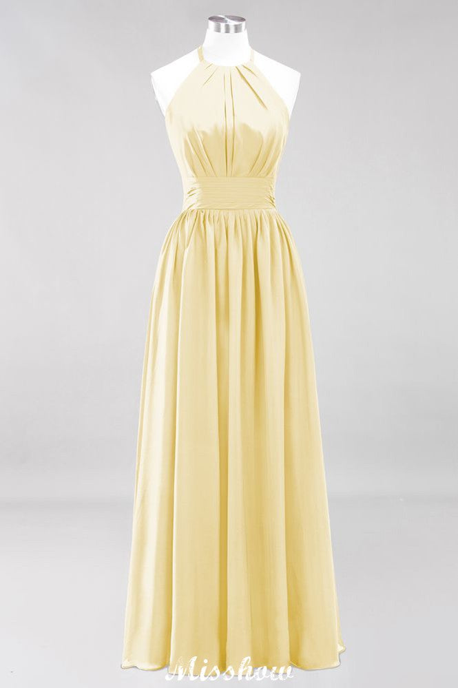 Vestido de dama de honor largo hasta el suelo, sin mangas, con apliques, cuello halter y volantes, corte A, de gasa, para noche
