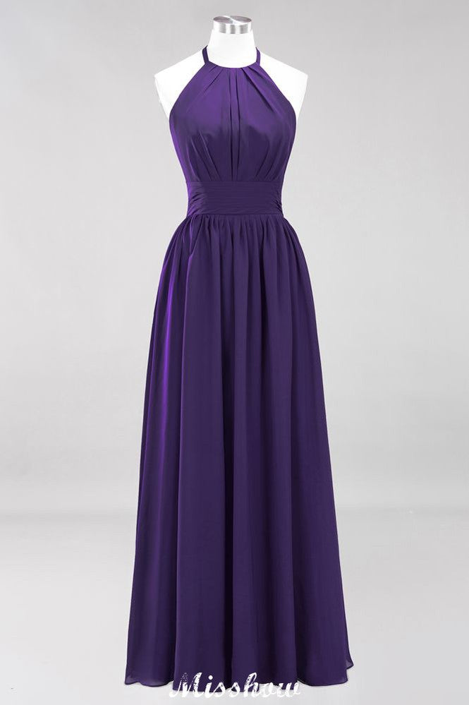Vestido de dama de honor largo hasta el suelo, sin mangas, con apliques, cuello halter y volantes, corte A, de gasa, para noche