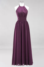 Vestido de dama de honor largo hasta el suelo, sin mangas, con apliques, cuello halter y volantes, corte A, de gasa, para noche