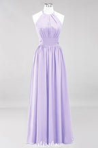 Vestido de dama de honor largo hasta el suelo, sin mangas, con apliques, cuello halter y volantes, corte A, de gasa, para noche
