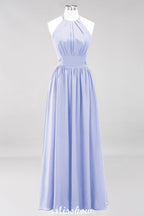 Vestido de dama de honor largo hasta el suelo, sin mangas, con apliques, cuello halter y volantes, corte A, de gasa, para noche
