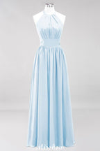 Vestido de dama de honor largo hasta el suelo, sin mangas, con apliques, cuello halter y volantes, corte A, de gasa, para noche