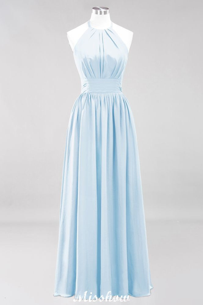 Vestido de dama de honor largo hasta el suelo, sin mangas, con apliques, cuello halter y volantes, corte A, de gasa, para noche