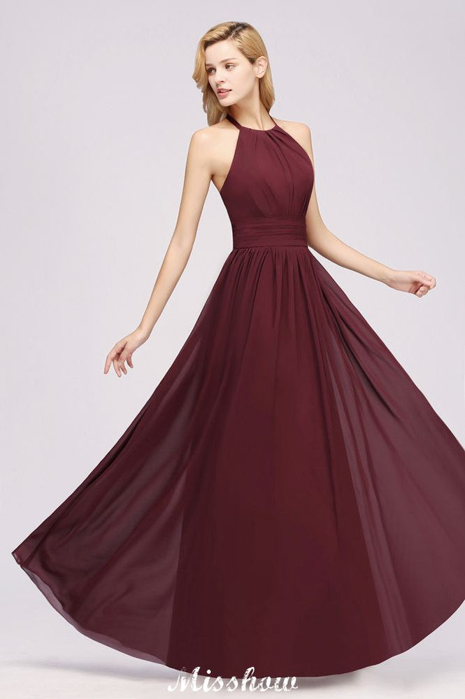 Vestido de dama de honor largo hasta el suelo, sin mangas, con apliques, cuello halter y volantes, corte A, de gasa, para noche