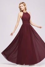 Vestido de dama de honor largo hasta el suelo, sin mangas, con apliques, cuello halter y volantes, corte A, de gasa, para noche