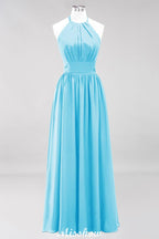 Vestido de dama de honor largo hasta el suelo, sin mangas, con apliques, cuello halter y volantes, corte A, de gasa, para noche