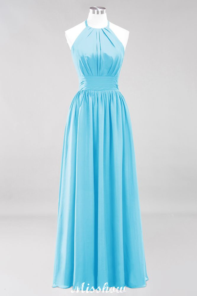 Vestido de dama de honor largo hasta el suelo, sin mangas, con apliques, cuello halter y volantes, corte A, de gasa, para noche