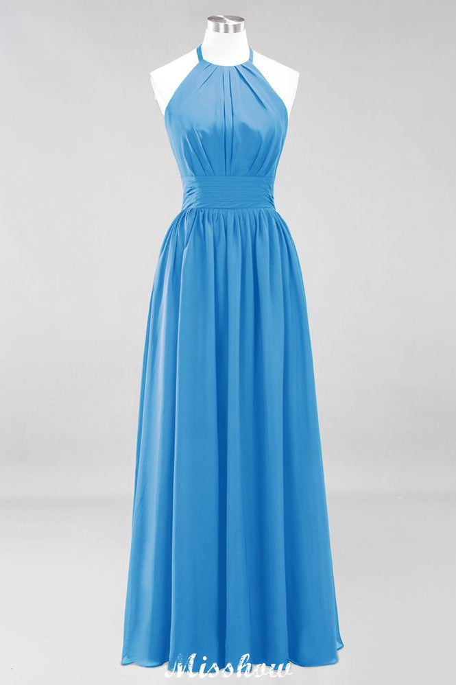 Vestido de dama de honor largo hasta el suelo, sin mangas, con apliques, cuello halter y volantes, corte A, de gasa, para noche