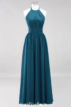 Vestido de dama de honor largo hasta el suelo, sin mangas, con apliques, cuello halter y volantes, corte A, de gasa, para noche