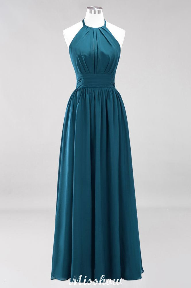 Vestido de dama de honor largo hasta el suelo, sin mangas, con apliques, cuello halter y volantes, corte A, de gasa, para noche