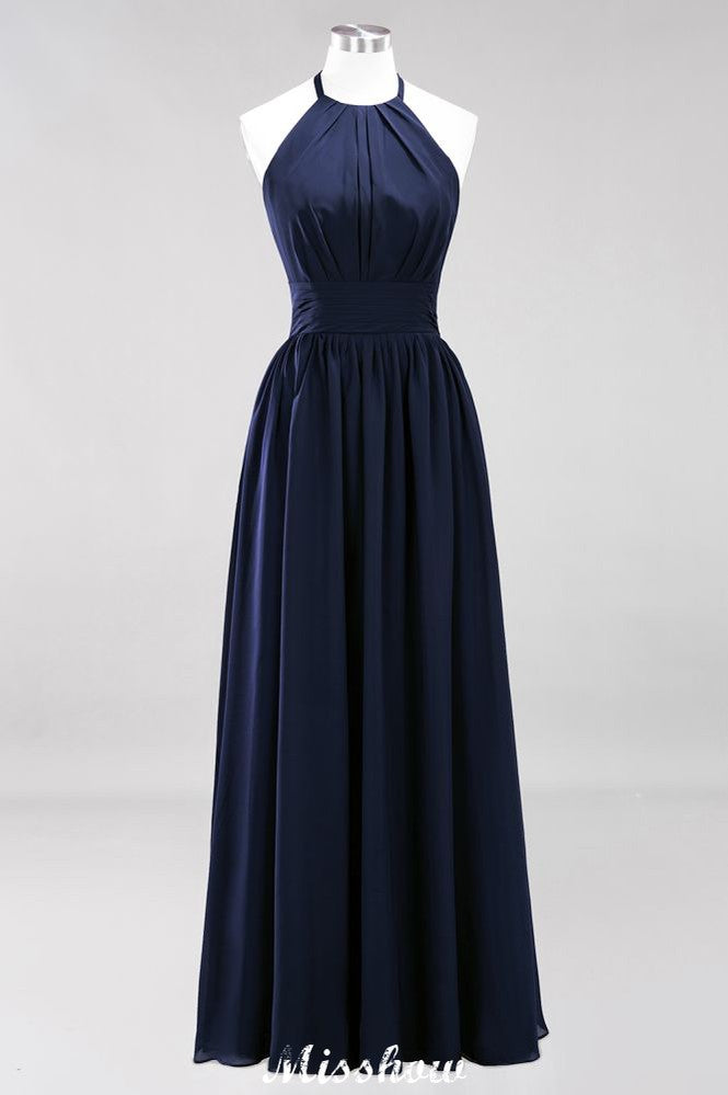 Vestido de dama de honor largo hasta el suelo, sin mangas, con apliques, cuello halter y volantes, corte A, de gasa, para noche