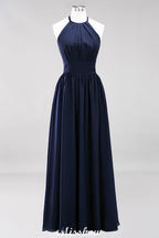 Vestido de dama de honor largo hasta el suelo, sin mangas, con apliques, cuello halter y volantes, corte A, de gasa, para noche