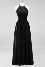 Vestido de dama de honor largo hasta el suelo, sin mangas, con apliques, cuello halter y volantes, corte A, de gasa, para noche